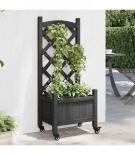 vidaXL Planter with Trellis and Wheels Black Solid Wood Fir — Size: 40 x 30 x 97.5 cm, Model: with trellis & wheels
