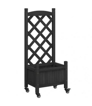 vidaXL Planter with Trellis and Wheels Black Solid Wood Fir — Size: 40 x 30 x 97.5 cm, Model: with trellis & wheels
