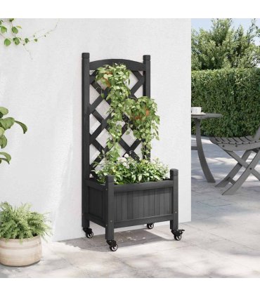 vidaXL Planter with Trellis and Wheels Black Solid Wood Fir — Size: 40 x 30 x 97.5 cm, Model: with trellis & wheels