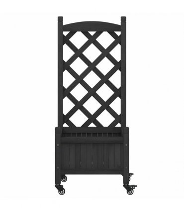 vidaXL Planter with Trellis and Wheels Black Solid Wood Fir — Size: 40 x 30 x 97.5 cm, Model: with trellis & wheels