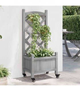 vidaXL Planter with Trellis and Wheels Grey Solid Wood Fir — Size: 40 x 30 x 97.5 cm, Model: with trellis & wheels