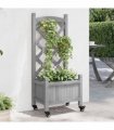 vidaXL Planter with Trellis and Wheels Grey Solid Wood Fir — Size: 40 x 30 x 97.5 cm, Model: with trellis & wheels