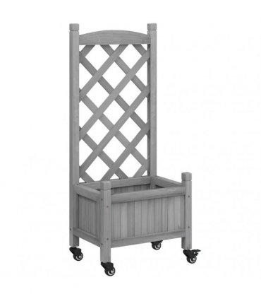vidaXL Planter with Trellis and Wheels Grey Solid Wood Fir — Size: 40 x 30 x 97.5 cm, Model: with trellis & wheels