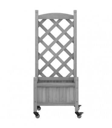 vidaXL Planter with Trellis and Wheels Grey Solid Wood Fir — Size: 40 x 30 x 97.5 cm, Model: with trellis & wheels