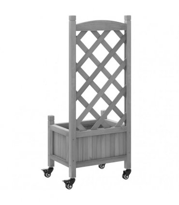 vidaXL Planter with Trellis and Wheels Grey Solid Wood Fir — Size: 40 x 30 x 97.5 cm, Model: with trellis & wheels