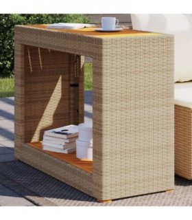 vidaXL Garden Side Table with Wooden Top Beige 100x40x75 cm Poly Rattan — Size: 100 x 40 x 75 cm