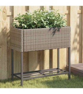 vidaXL Garden Planter with Shelf Grey Poly Rattan — Size: 70 x 28 x 70 cm