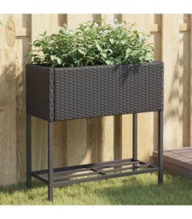 vidaXL Garden Planters with Shelf 2 pcs Black 70x28x70 cm Poly Rattan — Size: 70 x 28 x 70 cm