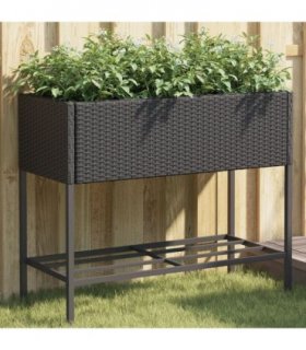 vidaXL Garden Planter with Shelf Black Poly Rattan — Size: 90 x 40 x 75 cm
