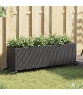 vidaXL Garden Planter with Wheels and 3 Pots Black 107x32x38 cm Poly Rattan — Size: 107 x 32 x 38 cm