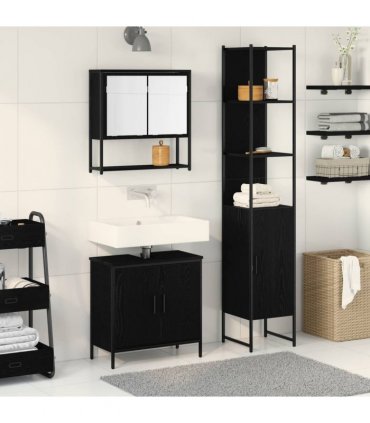 vidaXL Bathroom Furniture Set with Shelf 3 pcs Black Engineered wood — Colour: Black oak — V0671979652