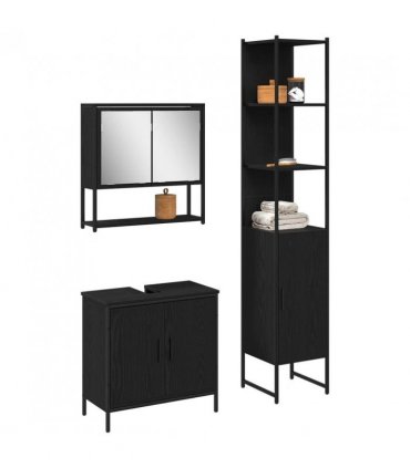 vidaXL Bathroom Furniture Set with Shelf 3 pcs Black Engineered wood — Colour: Black oak — V0671979652