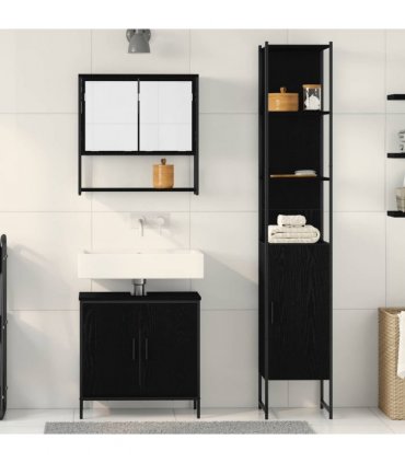 vidaXL Bathroom Furniture Set with Shelf 3 pcs Black Engineered wood — Colour: Black oak — V0671979652