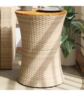 vidaXL Garden Side Table Drum Shape Beige Poly Rattan and Solid Wood