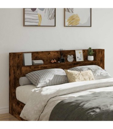 vidaXL Headboard with Storage and LED Smoked Oak Engineered Wood — Size: 200 cm