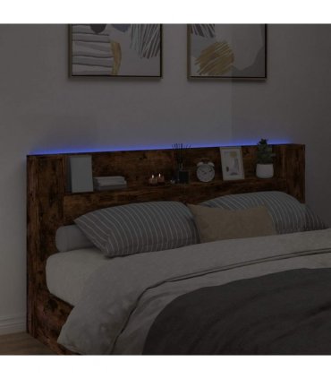 vidaXL Headboard with Storage and LED Smoked Oak Engineered Wood — Size: 200 cm