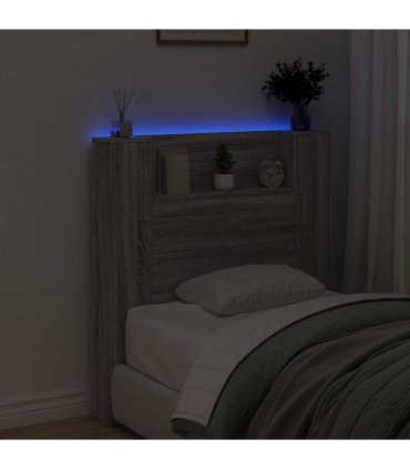 vidaXL Headboard with Storage and LED Grey Sonoma Engineered Wood — Size: 100 cm