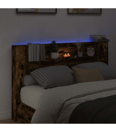 vidaXL Headboard with Storage and LED Smoked Oak Engineered Wood — Size: 160 cm