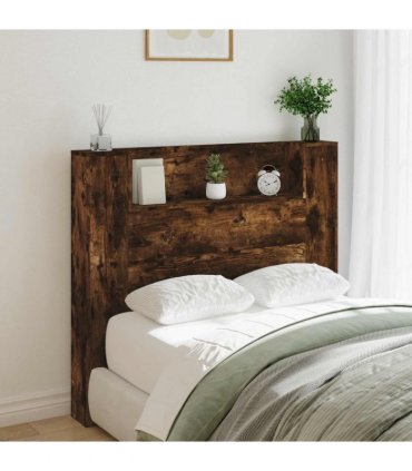vidaXL Headboard with Storage and LED Smoked Oak Engineered Wood — Size: 120 cm