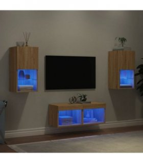 vidaXL 4 Piece TV Wall Cabinets with LED Lights Sonoma Oak