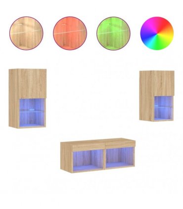 vidaXL 4 Piece TV Wall Cabinets with LED Lights Sonoma Oak