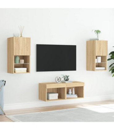 vidaXL 4 Piece TV Wall Cabinets with LED Lights Sonoma Oak