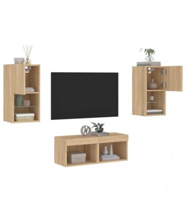 vidaXL 4 Piece TV Wall Cabinets with LED Lights Sonoma Oak
