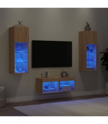 vidaXL 4 Piece TV Wall Cabinets with LED Lights Sonoma Oak — V0671980902
