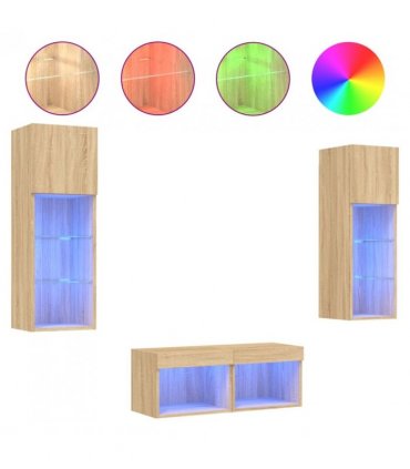 vidaXL 4 Piece TV Wall Cabinets with LED Lights Sonoma Oak — V0671980902