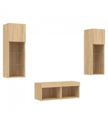 vidaXL 4 Piece TV Wall Cabinets with LED Lights Sonoma Oak — V0671980902