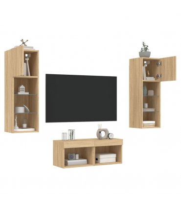 vidaXL 4 Piece TV Wall Cabinets with LED Lights Sonoma Oak — V0671980902