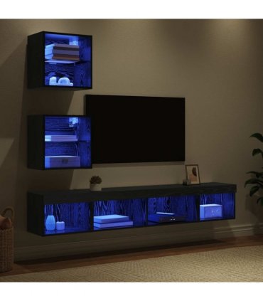 vidaXL TV Wall Units with LED with LED 5 pcs Black Oak Engineered Wood