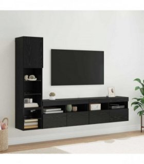 vidaXL TV Wall Unit with LED 4 pcs Black Oak Engineered Wood