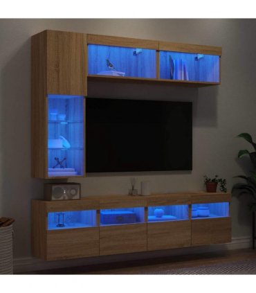 vidaXL 7 Piece TV Wall Cabinet Set with LED Lights Sonoma Oak