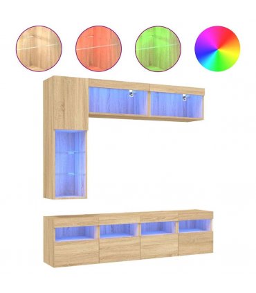vidaXL 7 Piece TV Wall Cabinet Set with LED Lights Sonoma Oak