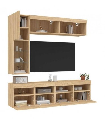 vidaXL 7 Piece TV Wall Cabinet Set with LED Lights Sonoma Oak