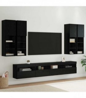 vidaXL TV Wall Cabinet Set with LED Lights with LED 7 pcs Black Oak