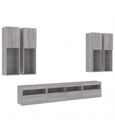 vidaXL 7 Piece TV Wall Cabinet Set with LED Lights Grey Sonoma