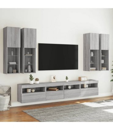 vidaXL 7 Piece TV Wall Cabinet Set with LED Lights Grey Sonoma