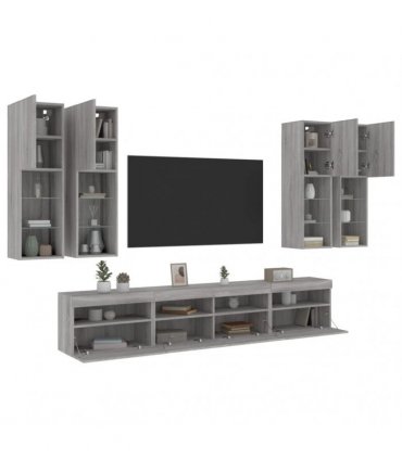 vidaXL 7 Piece TV Wall Cabinet Set with LED Lights Grey Sonoma
