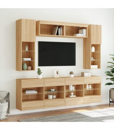 vidaXL 6 Piece TV Wall Cabinet Set with LED Lights Sonoma Oak