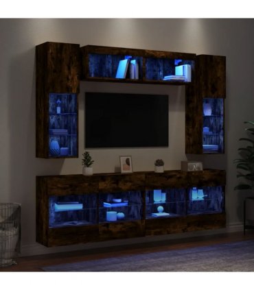 vidaXL 6 Piece TV Wall Cabinet Set with LED Lights Smoked Oak