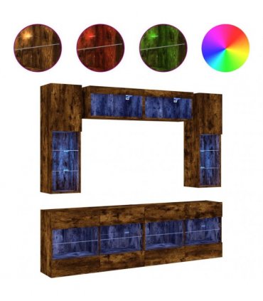vidaXL 6 Piece TV Wall Cabinet Set with LED Lights Smoked Oak