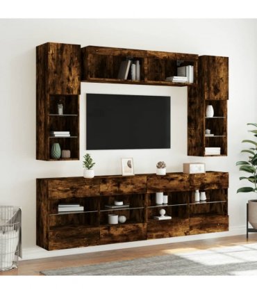 vidaXL 6 Piece TV Wall Cabinet Set with LED Lights Smoked Oak