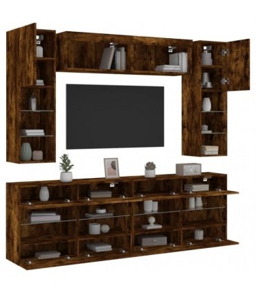 vidaXL 6 Piece TV Wall Cabinet Set with LED Lights Smoked Oak