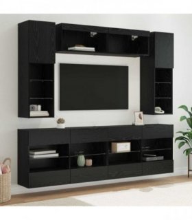 vidaXL TV Wall Cabinet Set with LED 6 pcs Black Oak Engineered Wood