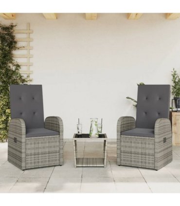 vidaXL 3 Piece Garden Dining Set with Cushions Grey Poly Rattan — Model: without footrest
