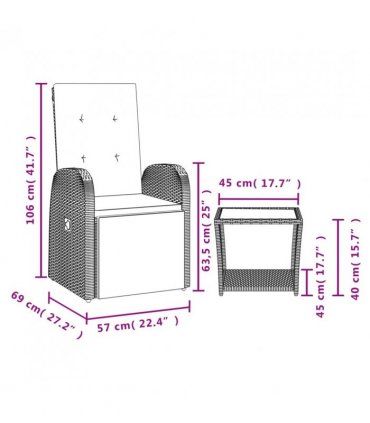 vidaXL 3 Piece Garden Dining Set with Cushions Grey Poly Rattan — Model: without footrest