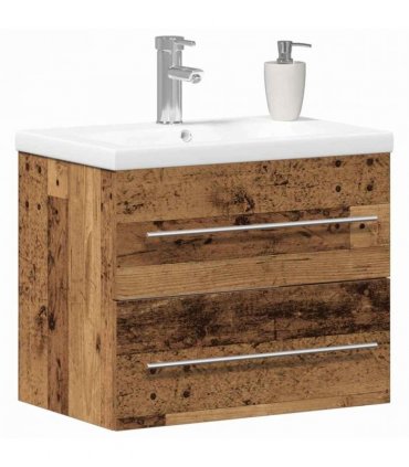 vidaXL Bathroom Sink Cabinet with Drawer Wall-mounted 2 pcs Old Wood — Size: 60 x 38.5 x 48 cm, Model: with faucet
