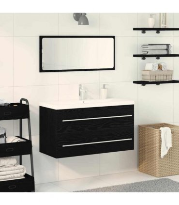 vidaXL Bathroom Sink Cabinet with Drawer Wall-mounted 3 pcs Black Oak — Size: 90 x 38.5 x 48 cm, Model: with faucet